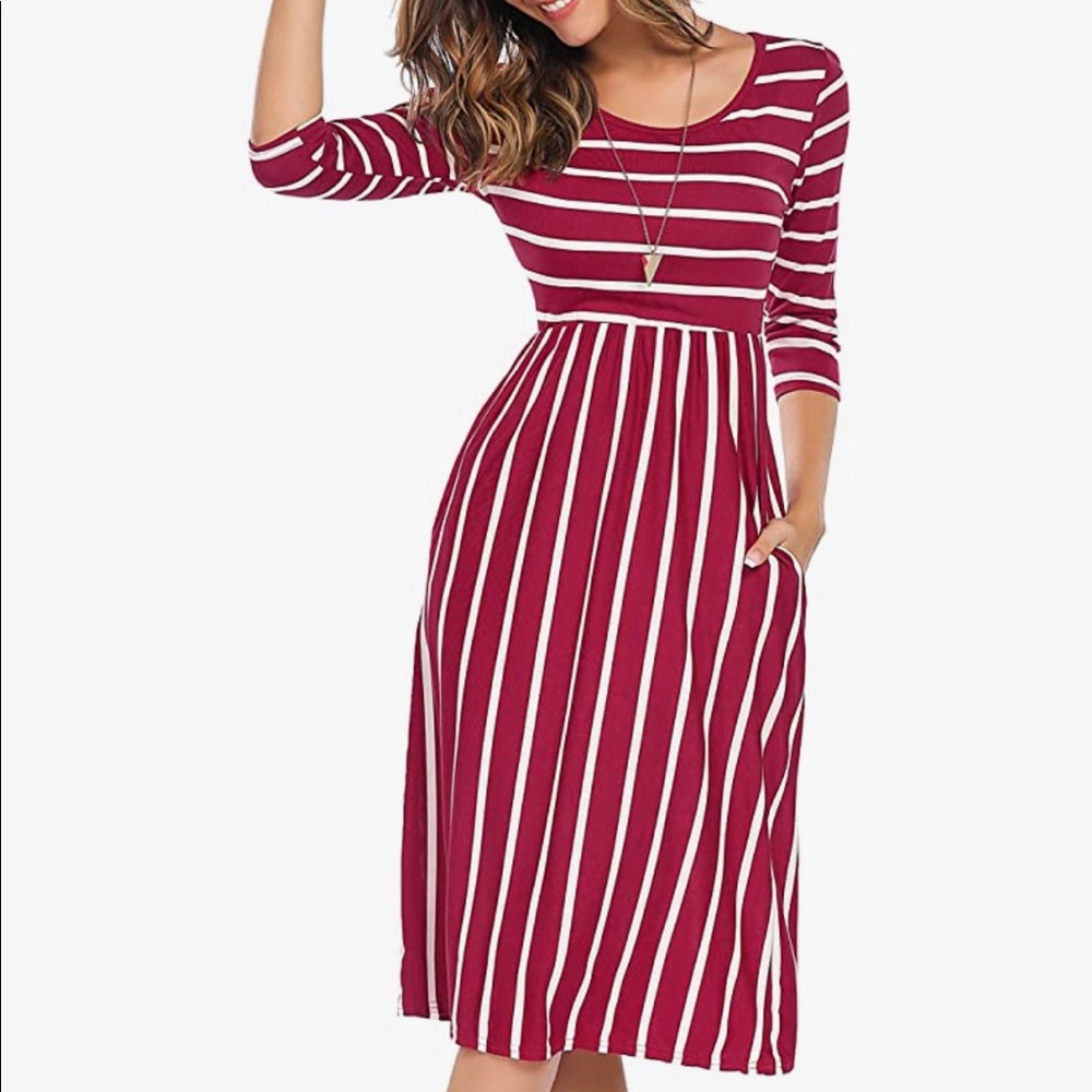 Crimson Red & Striped dress w/ Pockets (L)
